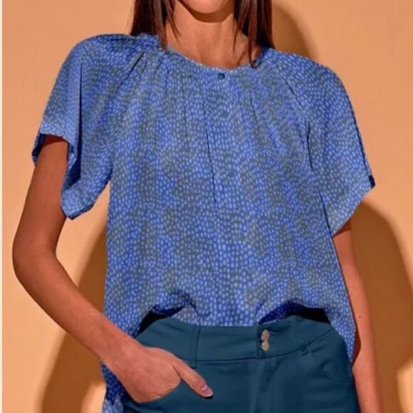 Tucker Short Sleeve Classic Blouse Celestial Spots in Silk Crepe de Chine - Picture 1 of 7